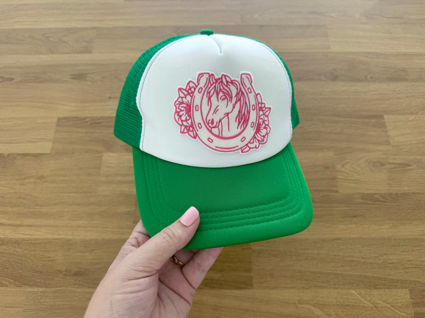Embroidered Trucker Cap - Lucky Floral Horseshoe Horse