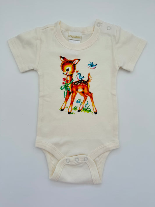 Retro Print Baby Bodysuit - Deer Bluebird