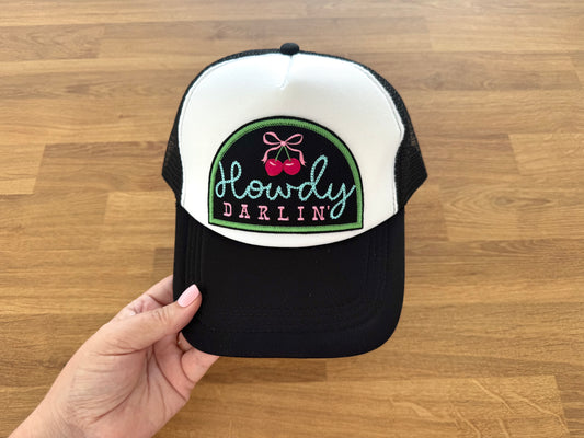 Embroidered Trucker Cap - HOWDY DARLIN Cherry Bow